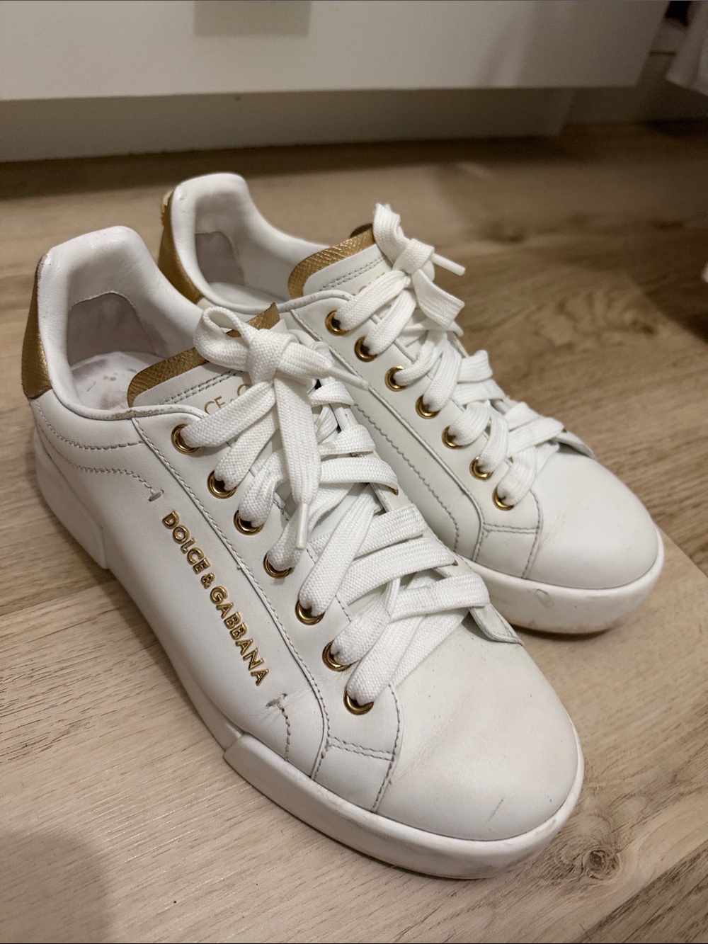 Dolce & Gabbana White Leather Sneakers with Gold Accents